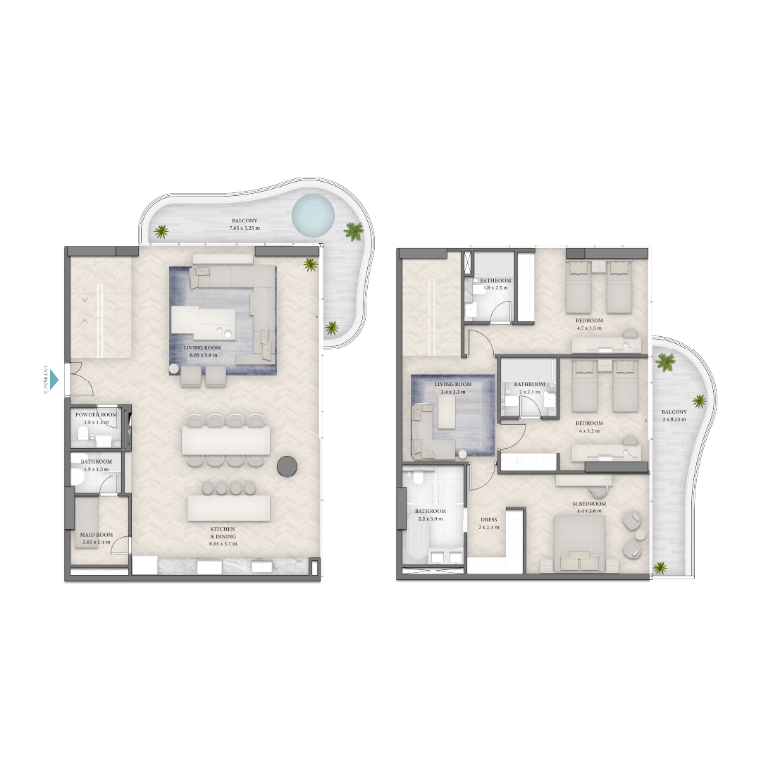 Beach Walk 4 By Imtiaz Floor plan of a spacious two-story apartment with labeled rooms, balconies, and a swimming pool.